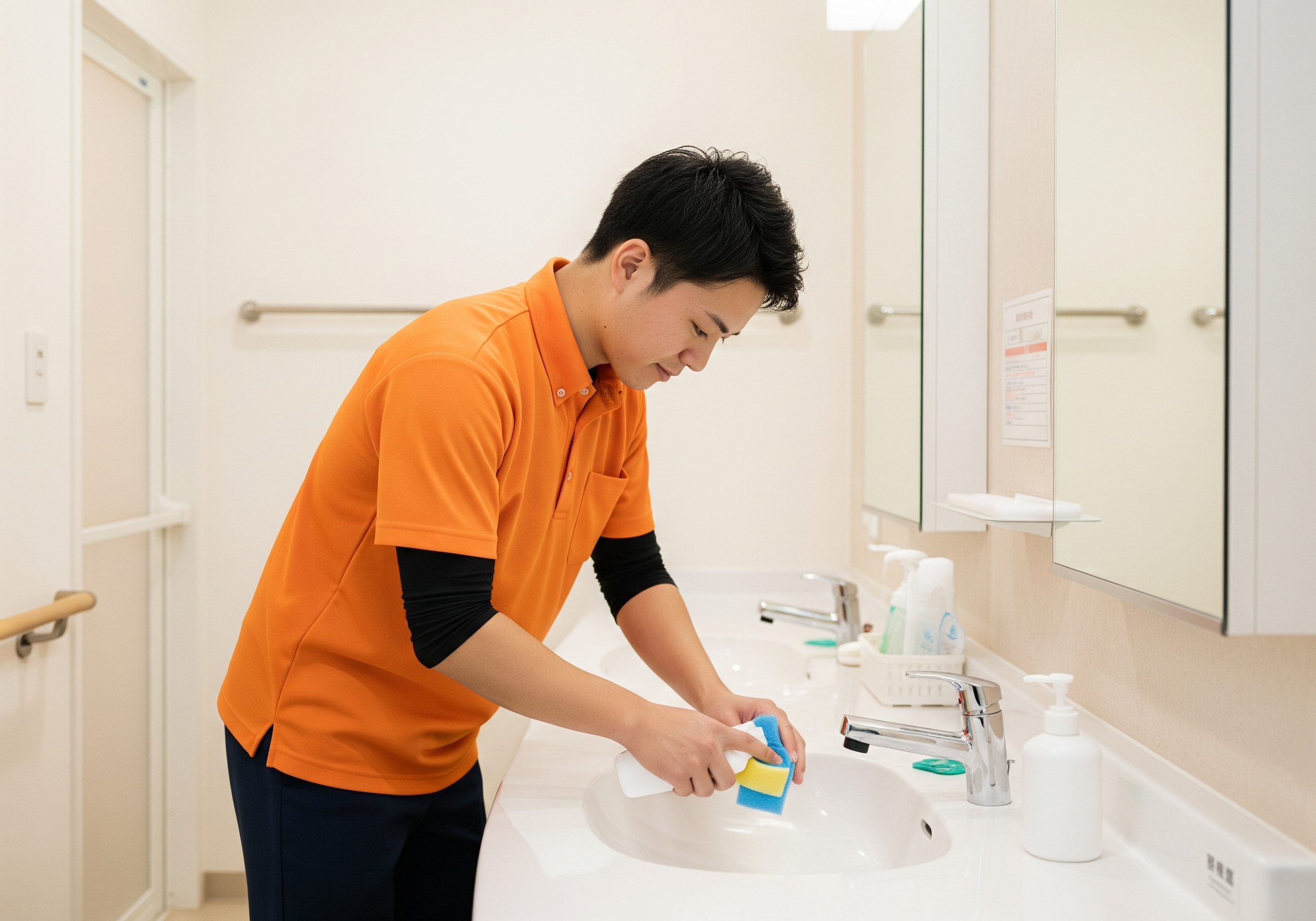 洗面所を掃除する日本人スタッフ