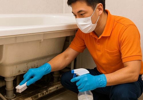 浴室を掃除する日本人スタッフ