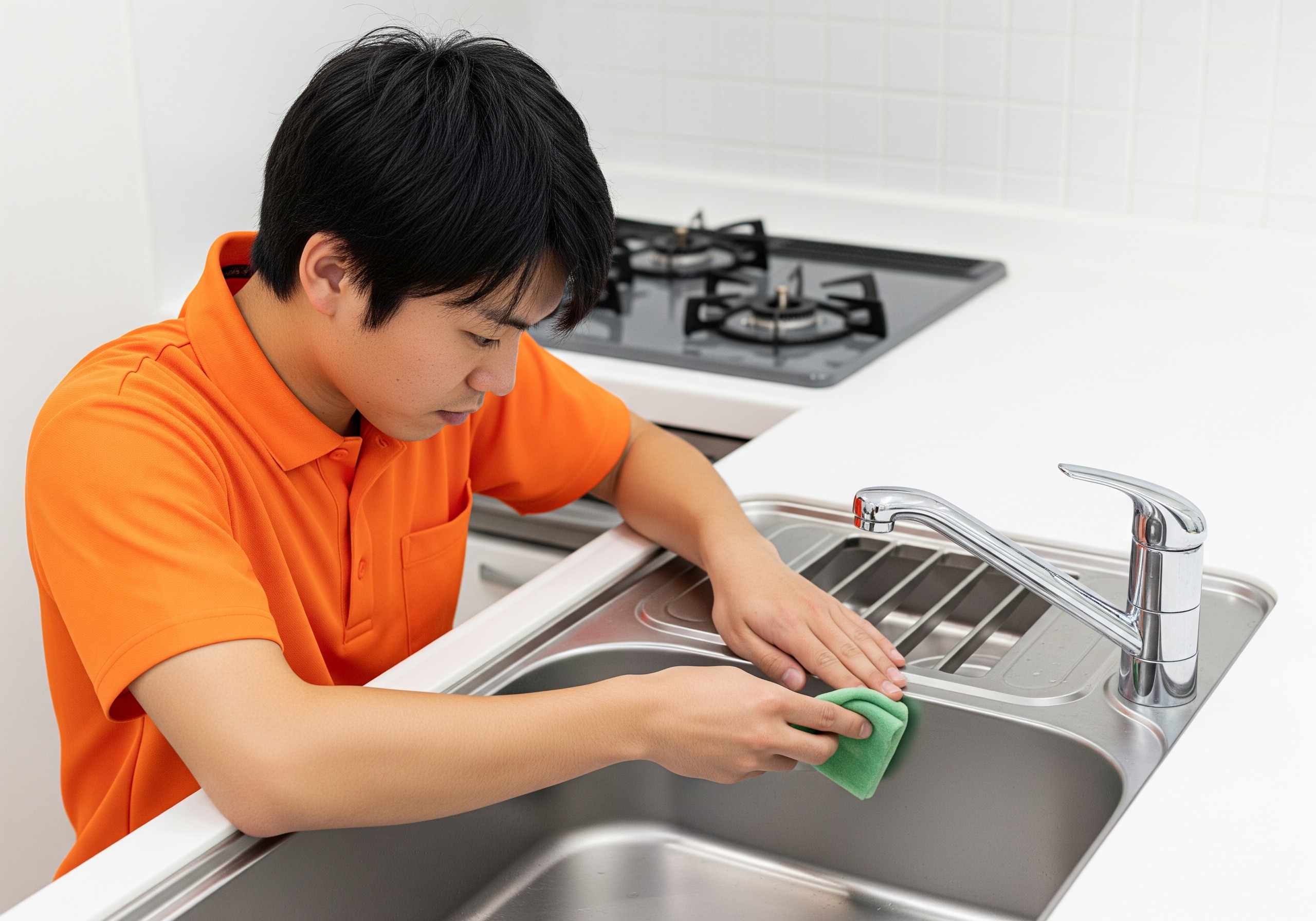 キッチンを掃除する日本人スタッフ