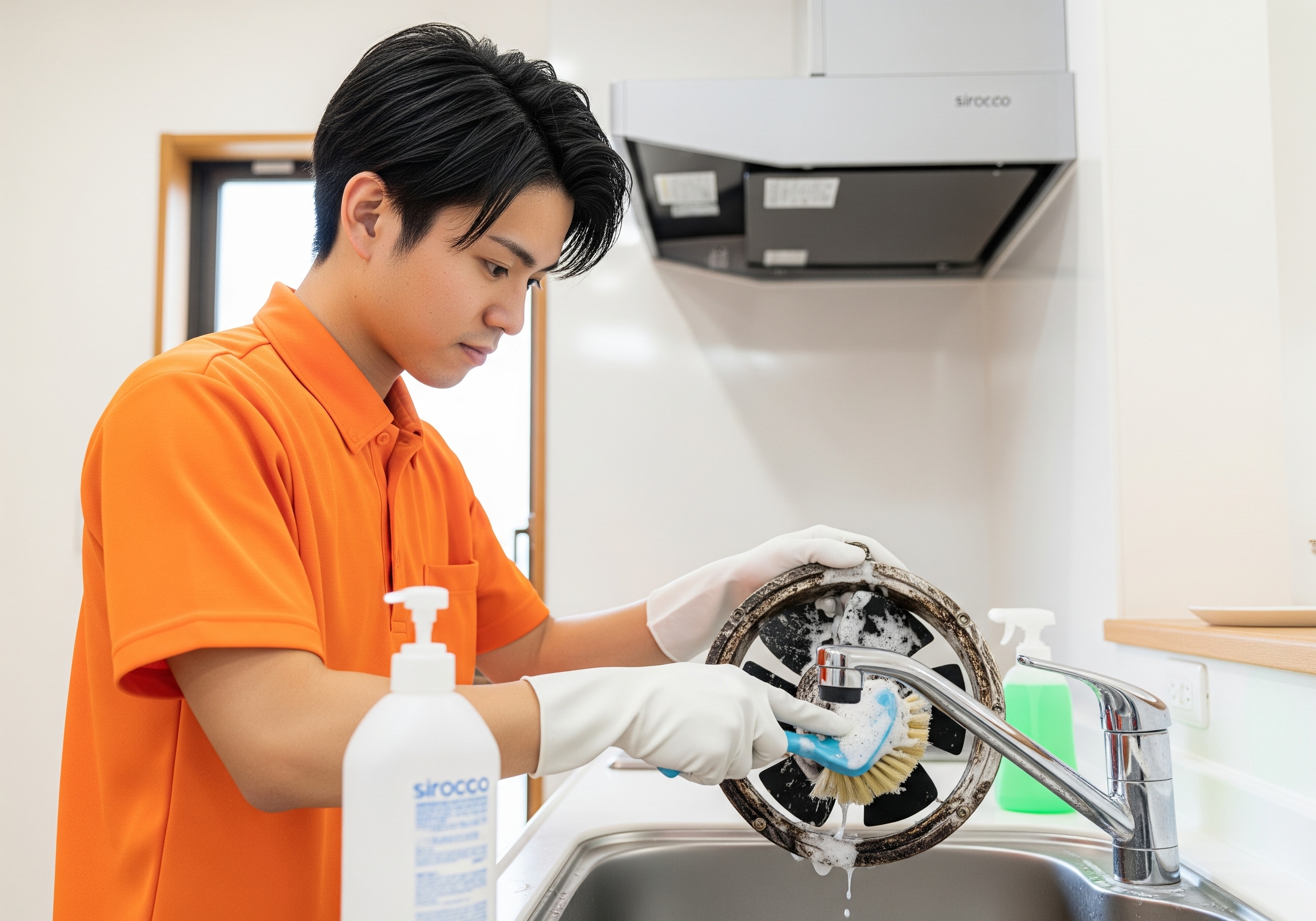 レンジフードを掃除する日本人スタッフ