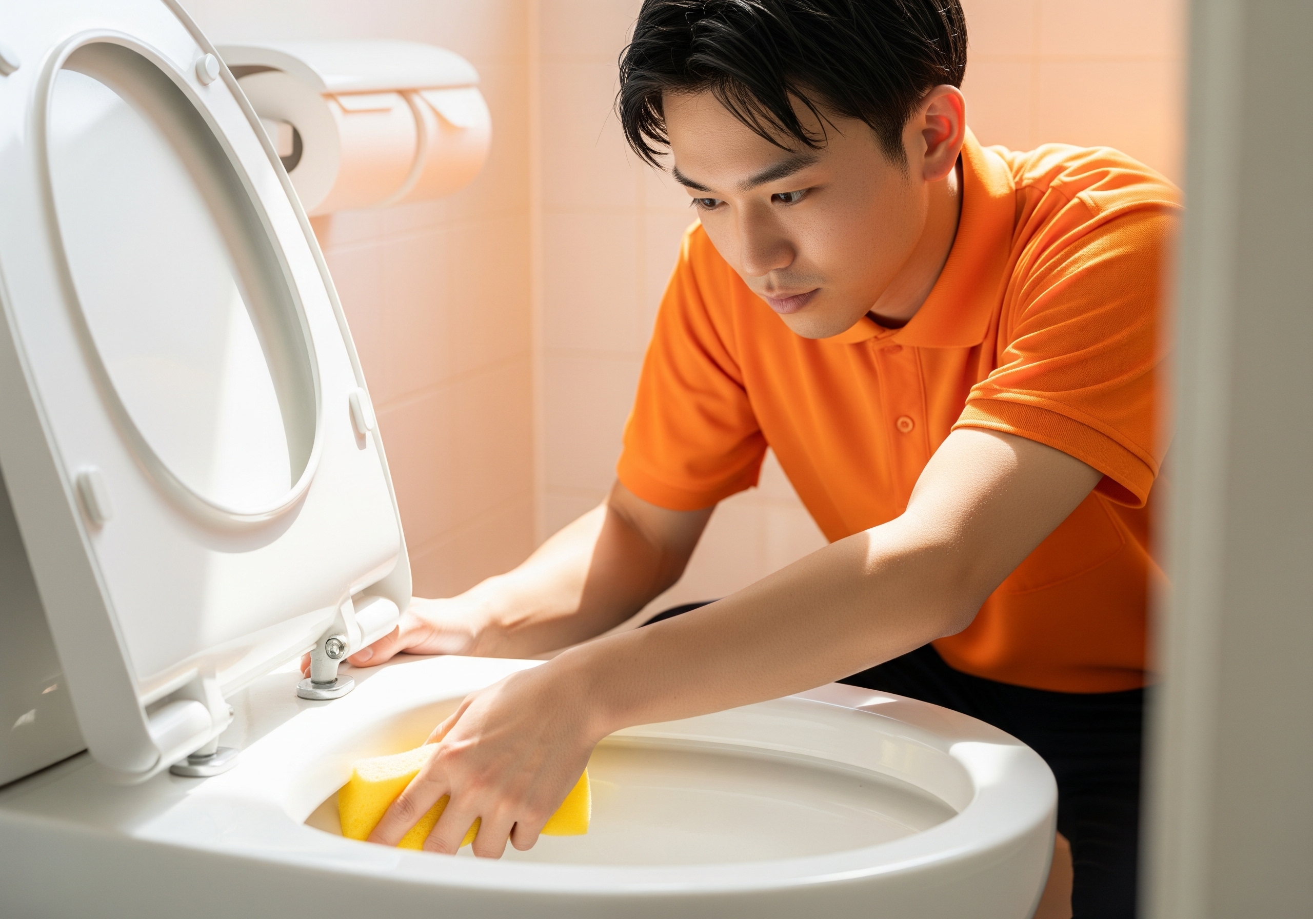 トイレを掃除する日本人スタッフ
